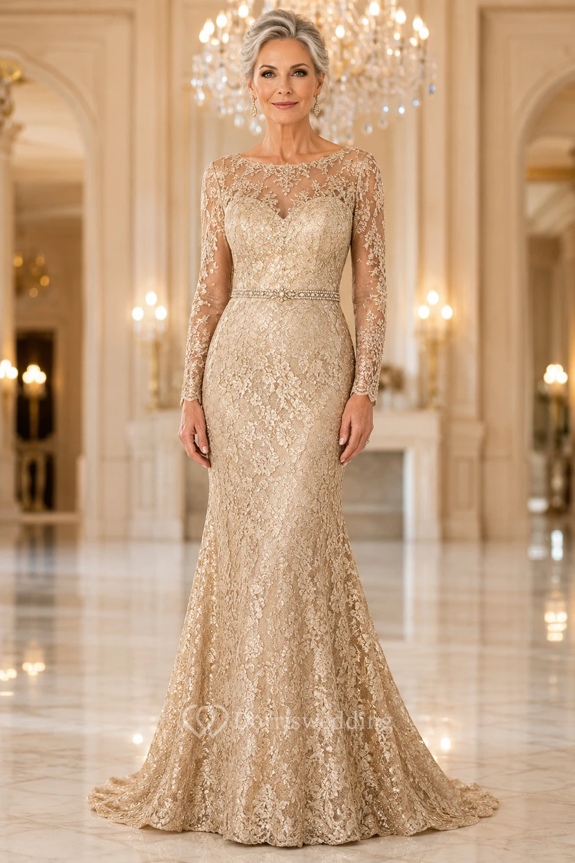 Robe sirène champagne à manches longues en dentelle illusion perlée et traîne
