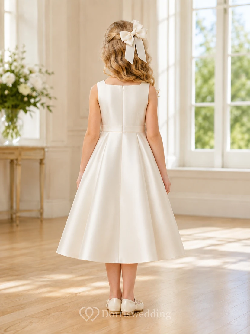 Blumenmädchenkleid aus elfenbeinfarbenem Satin, A-Linie, Rundhalsausschnitt, Teelänge, Schleifendetail view 2