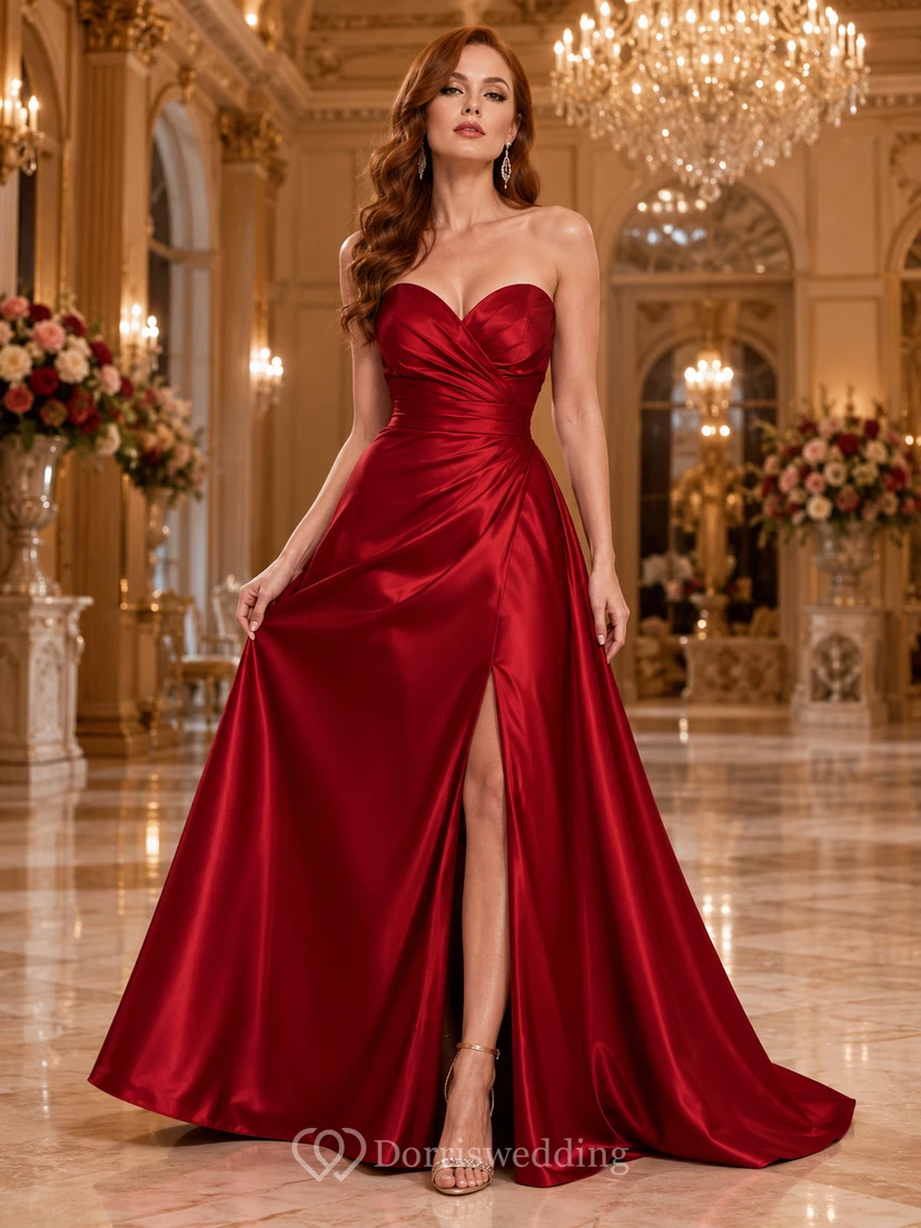 Red strapless sweetheart satin A line slit gala gown