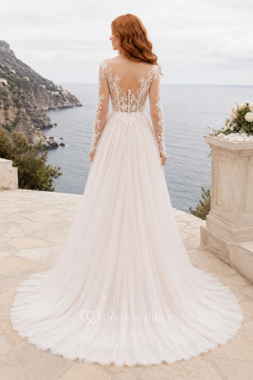 A-Linien-Brautkleid mit langen Ärmeln und Spitzenoberteil view 2