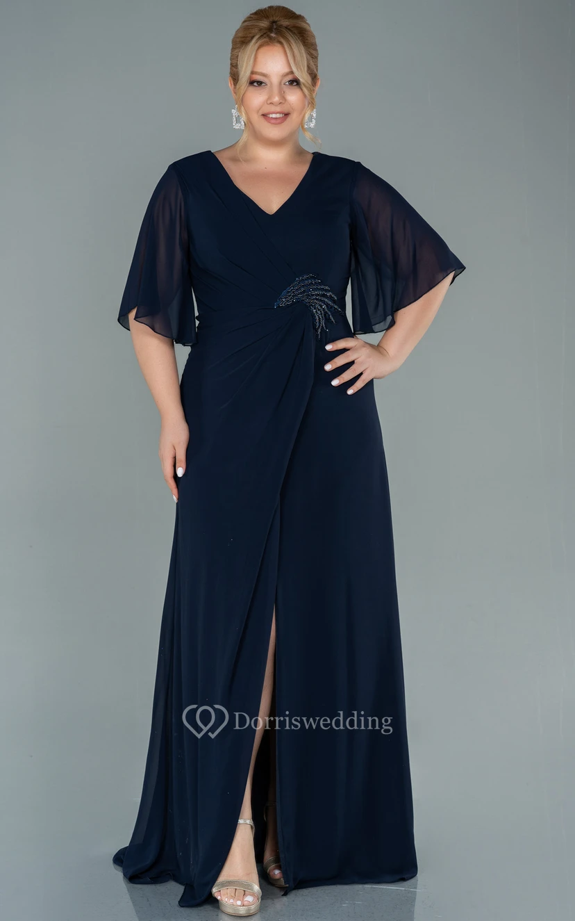 Elegant Half-sleeve V-neck Empire Chiffon Slit Front Draped Plus Size Mother of Bride Dress view 5