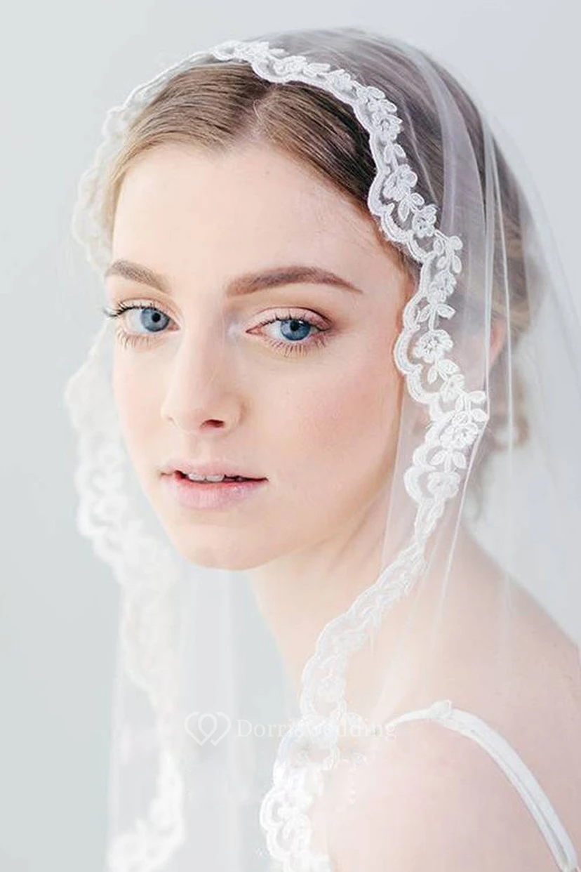 Ethereal Soft Tulle Wedding Veil with Lace Applique view 3