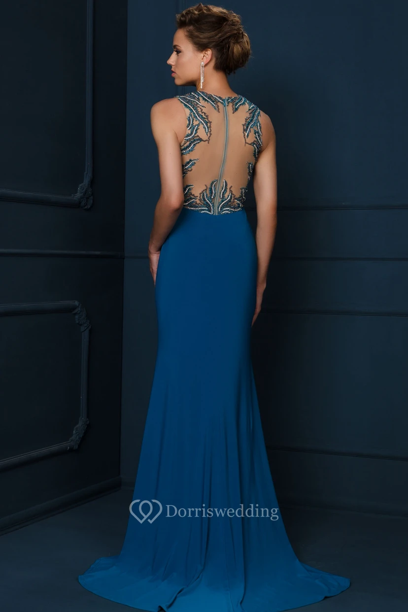 Sheath Maxi Sleeveless Jewel-Neck Beaded Jersey Evening Dress view 2