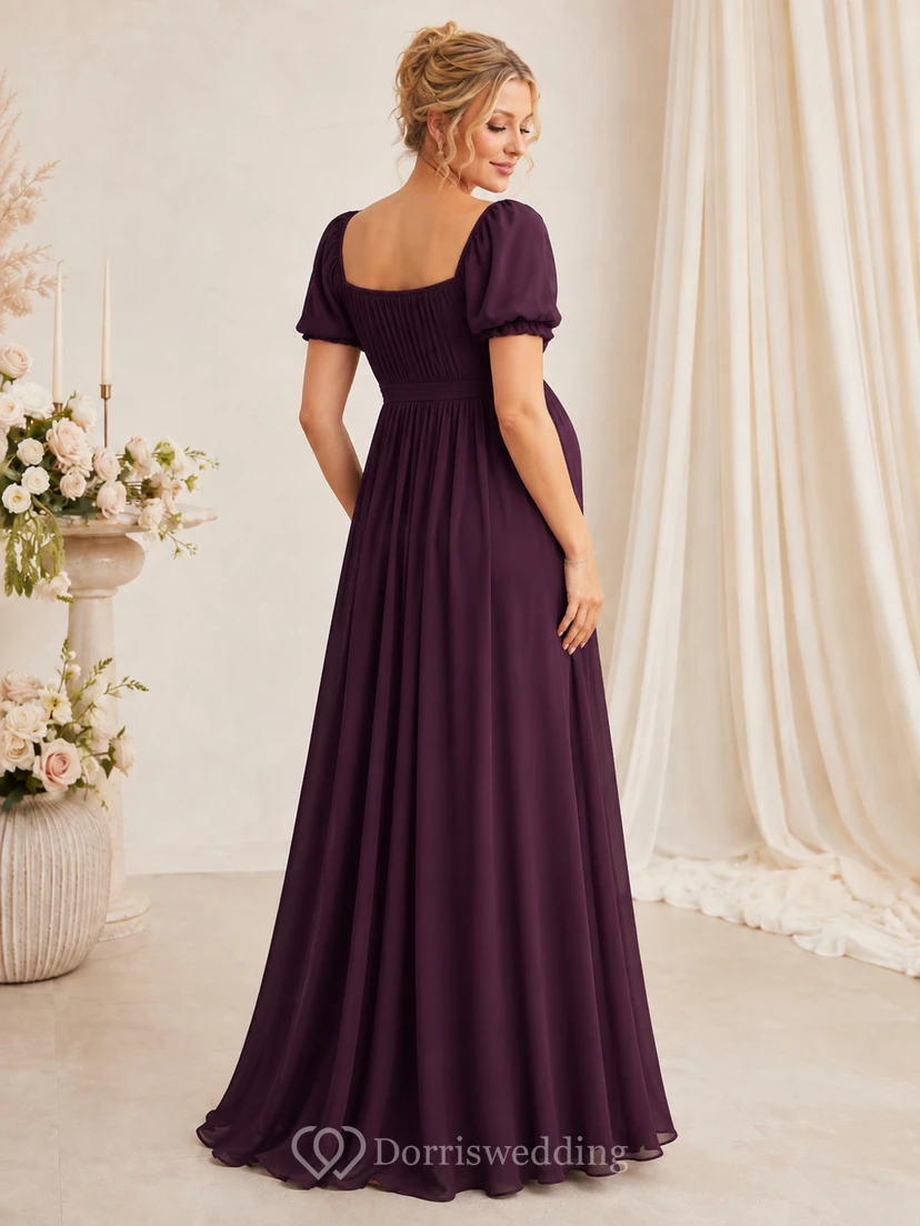Vestido de noche largo de satén estilo imperio, elegante y elegante, con escote corazón y mangas abullonadas, color ciruela. view 2