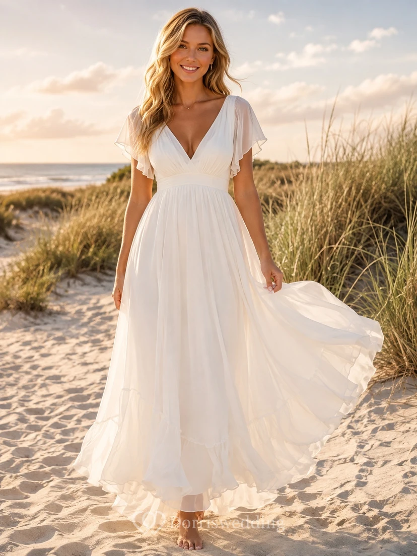 White Bohemian Chiffon V-Neck Petal-Sleeve A-Line Beach Evening Gown