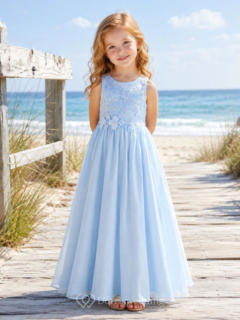 A-Line Summer Beach Flower Girl Dress with Sleeveless Bodice, Flowing Chiffon Skirt, Floor-Length Hem, Natural Waist, Coastal Ceremony Style