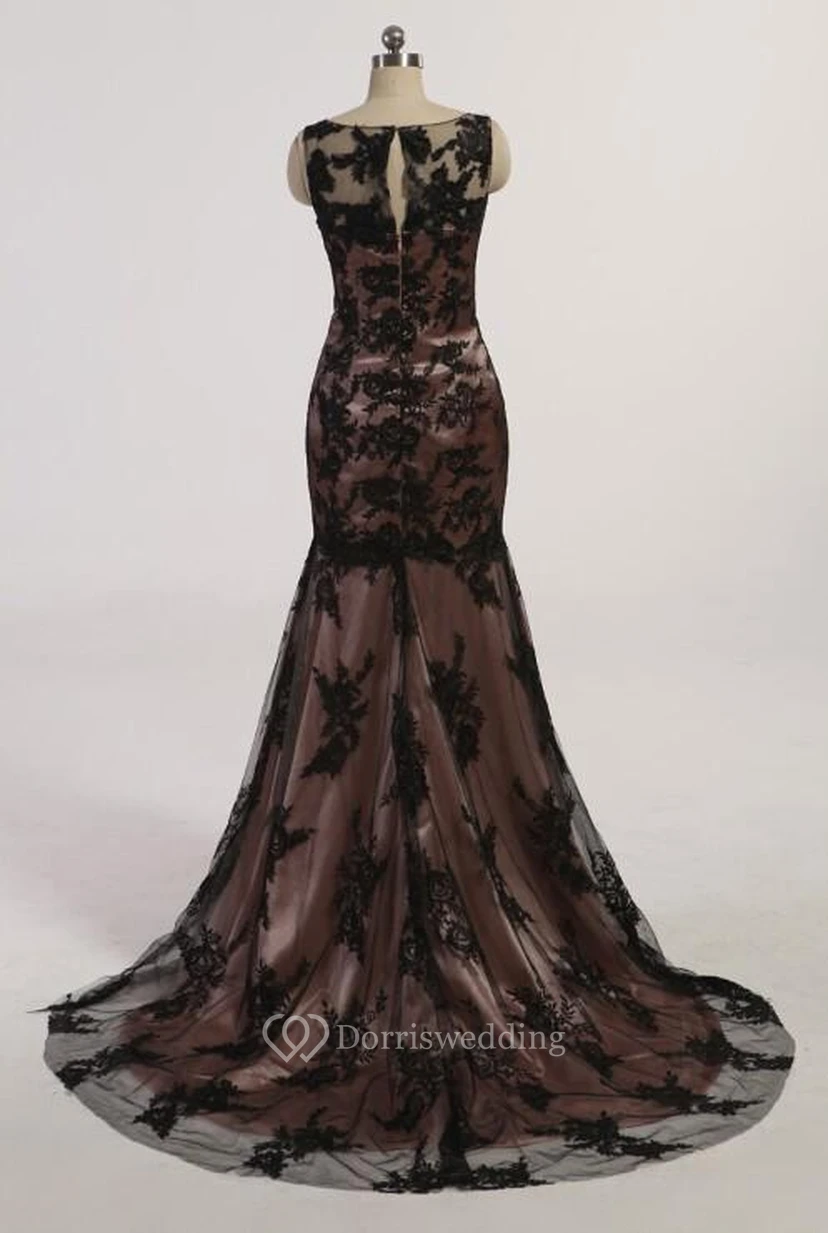 New Black Mermaid Prom Dress Scoop Sleeve Beaded Lace Evening Dresses With Beaded Crystal Applique view 2