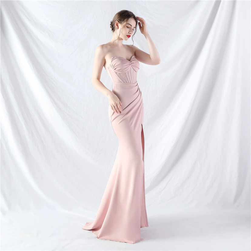 Vestido de noche de satén de alta gama con cola vertical pequeña y chaleco de espina de pescado de estilo palacio, de gran resistencia y cintura ajustada. view 49