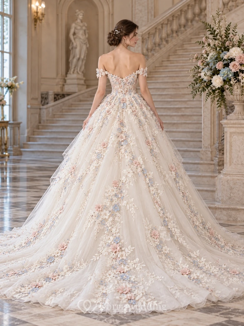 Off Shoulder Floral Corset Tulle Chapel Train Ball Gown Wedding Dress view 2