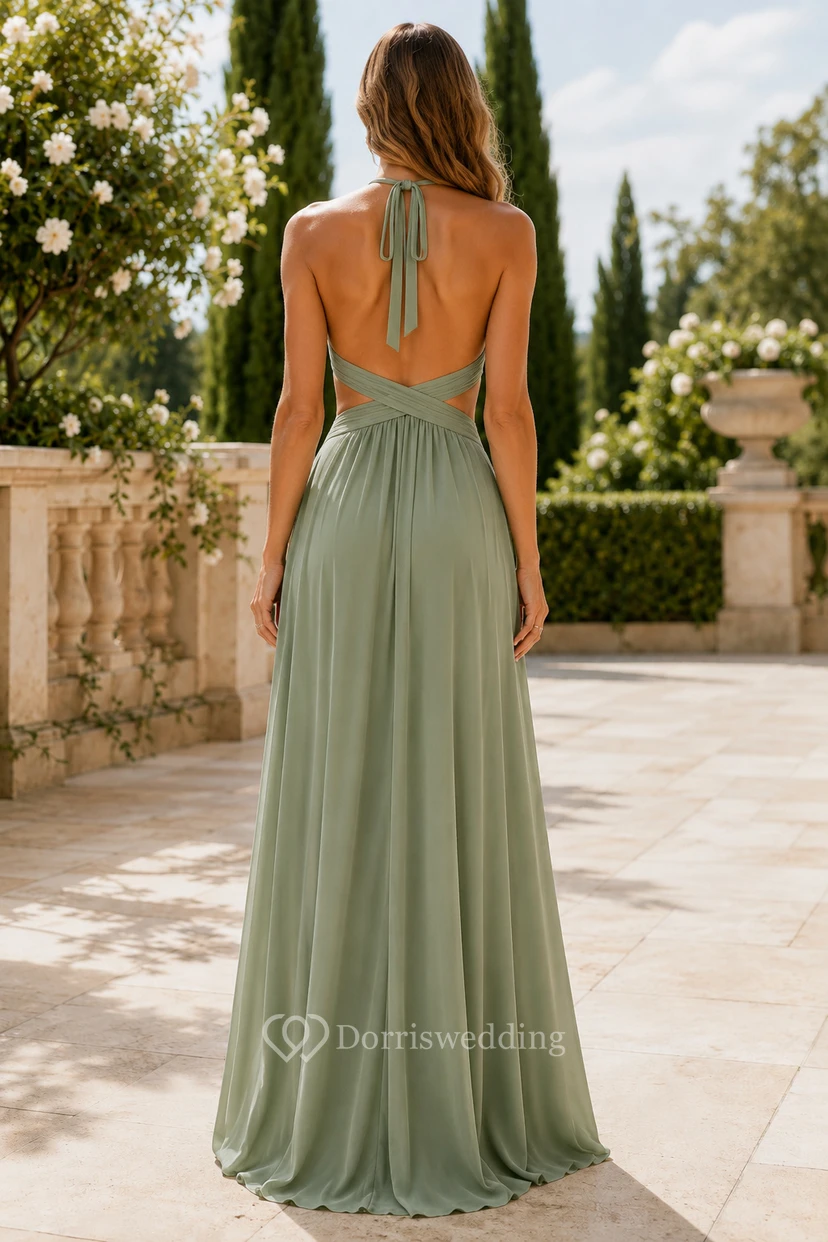 Salbeigrünes, elegantes Chiffon-Abendkleid in A-Linie mit Neckholder und Schlitz view 2