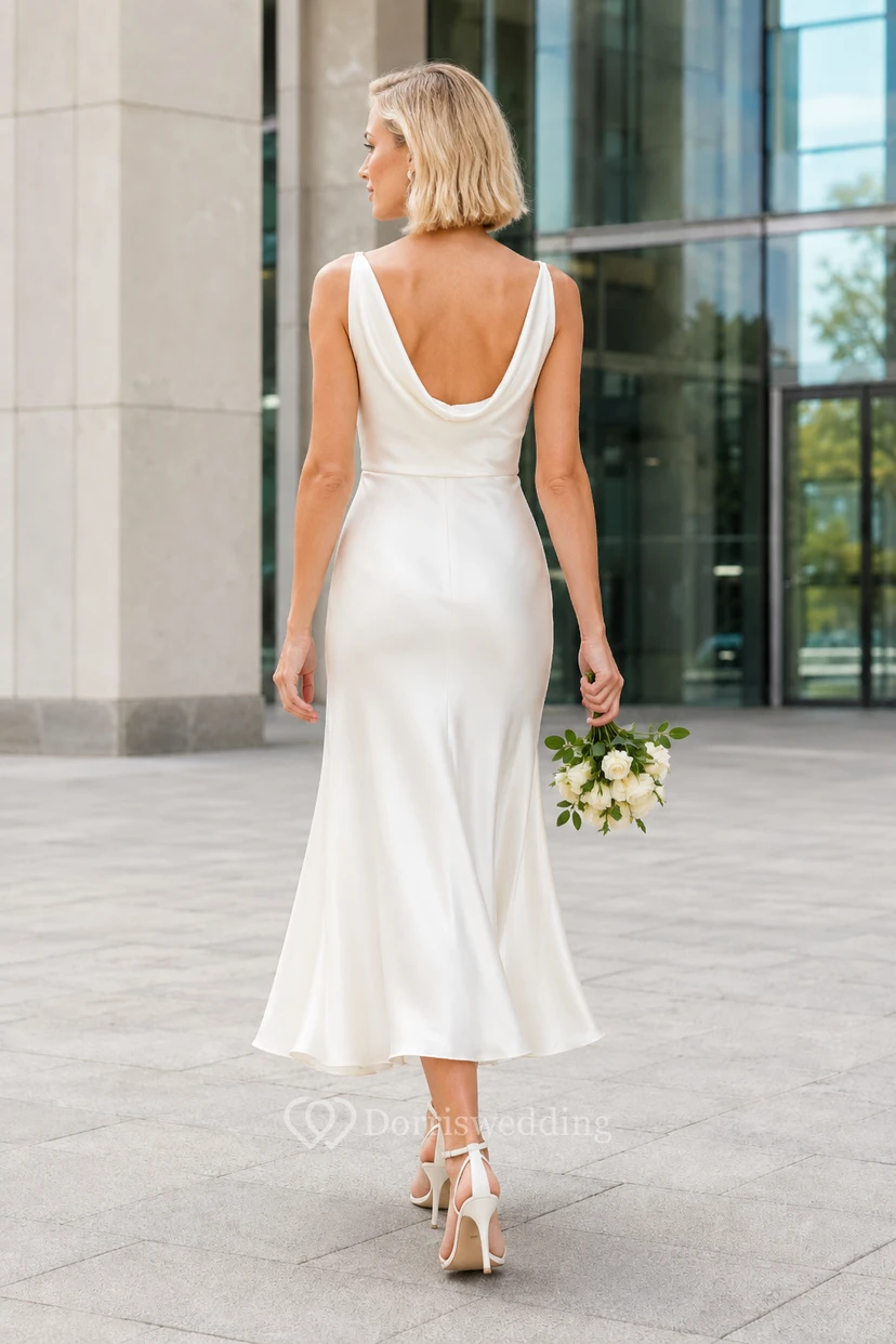 Elfenbeinfarbenes Cocktailkleid aus Satin mit Wasserfallausschnitt und Teelänge view 2