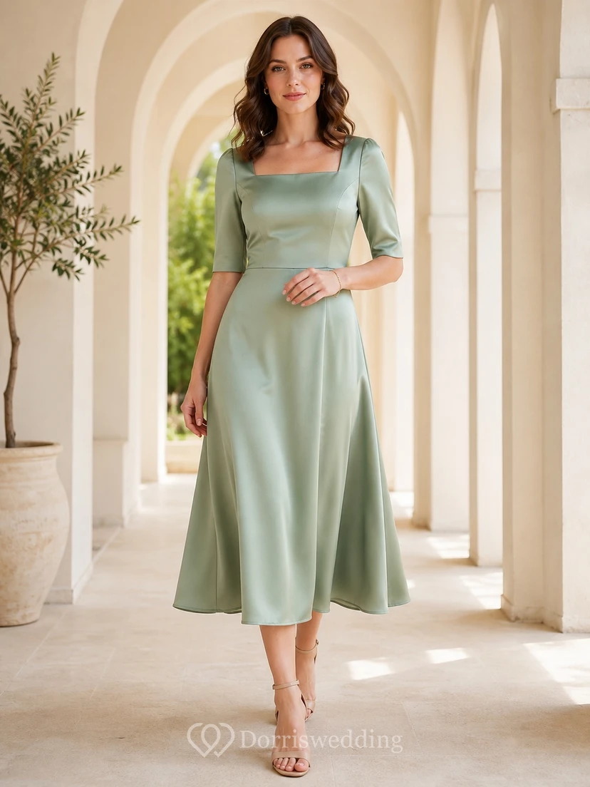 Modest Sage Tea-Length Satin A-Line Square Neck Half Sleeve Dress