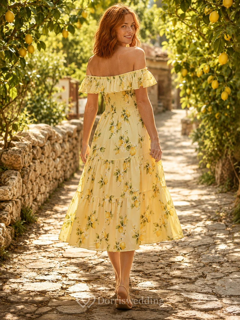 Yellow Lemon Print Off Shoulder Summer Midi Dress view 2
