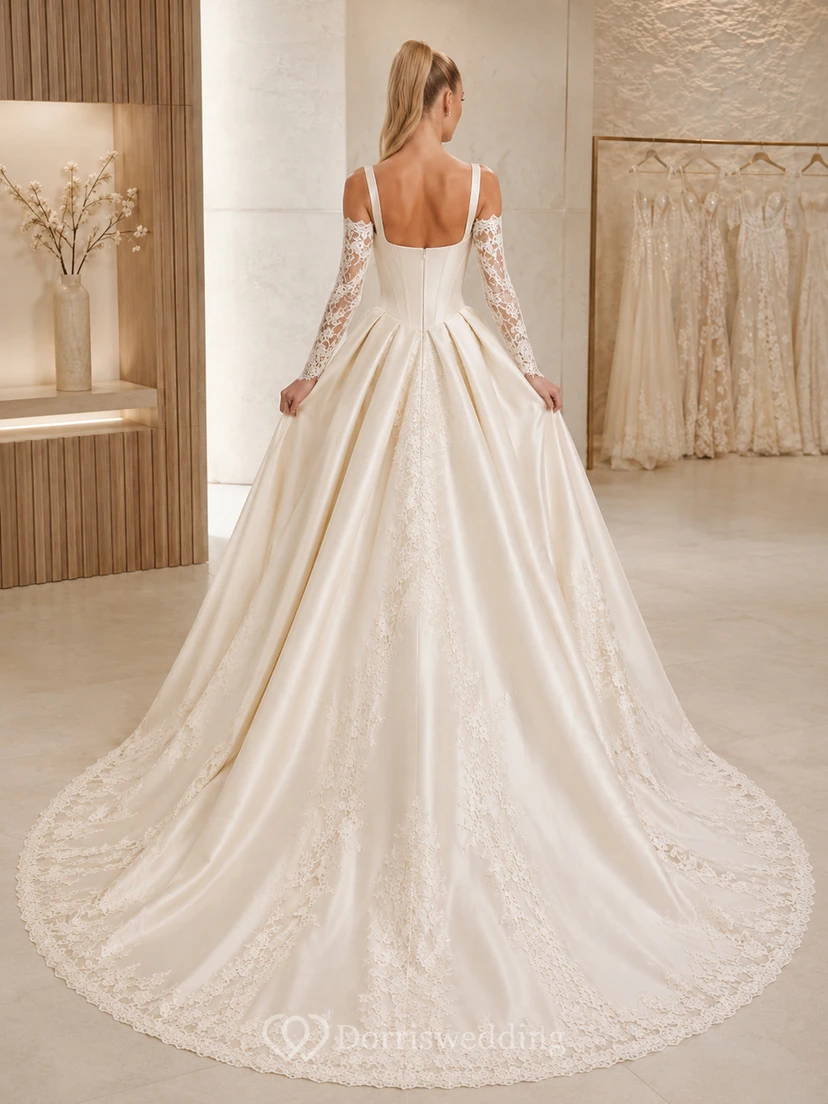 Robe de mariée sirène en satin à col carré et manches en dentelle, jupe amovible, de luxe view 2