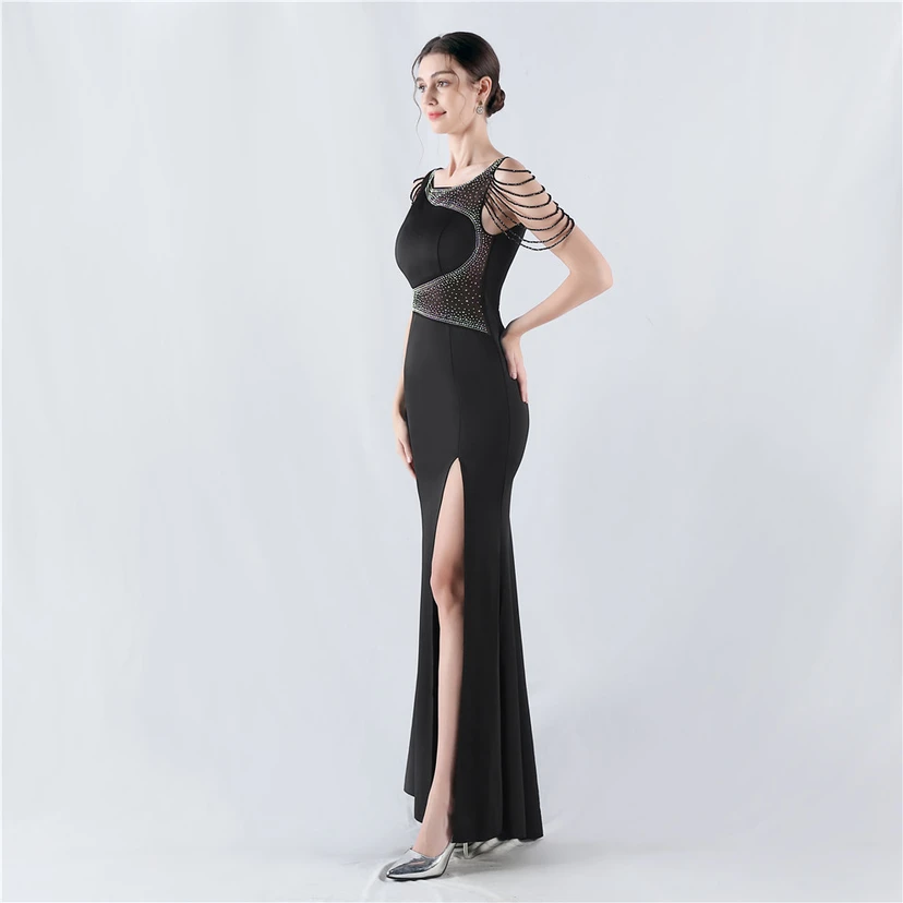 Heavy Hot Diamonds For Transparent Mesh High-Slit Satin Evening Dress Annual Meeting Wedding view 3