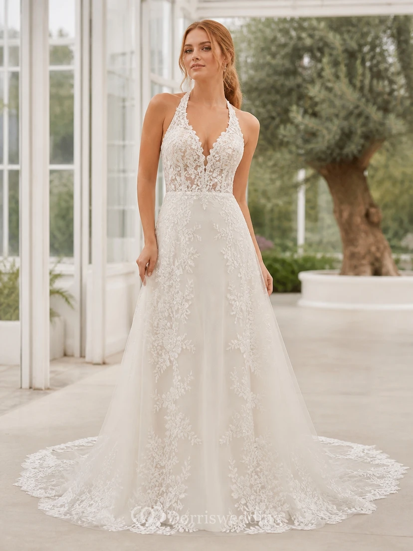 Vestido de novia sexy de corte A con escote halter y espalda descubierta con apliques florales para capilla