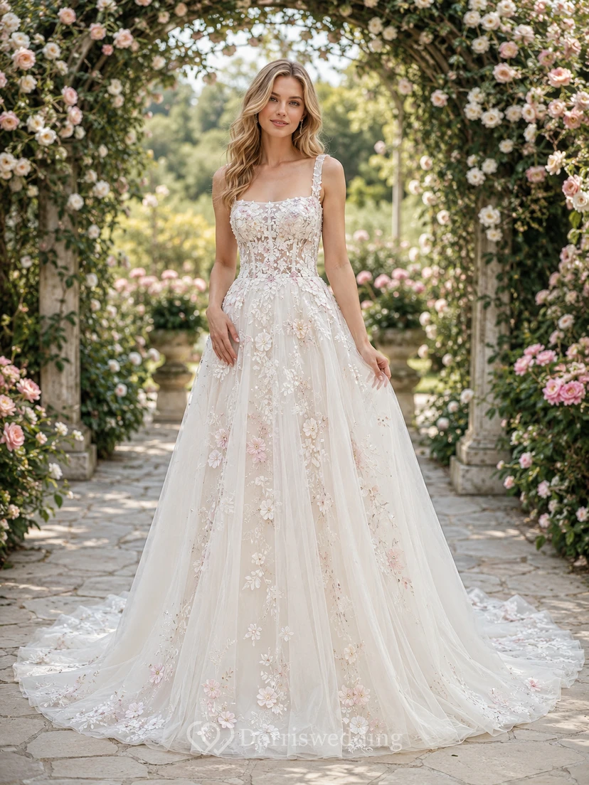 Square Neck Floral Applique Tulle Spring Garden Bridal Gown