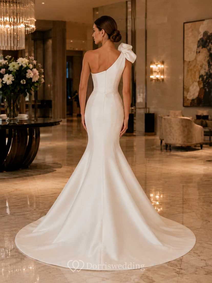 Minimalist Satin Wedding Dress Mermaid One Shoulder Sleeveless Sweep Train Bridal Gown view 2