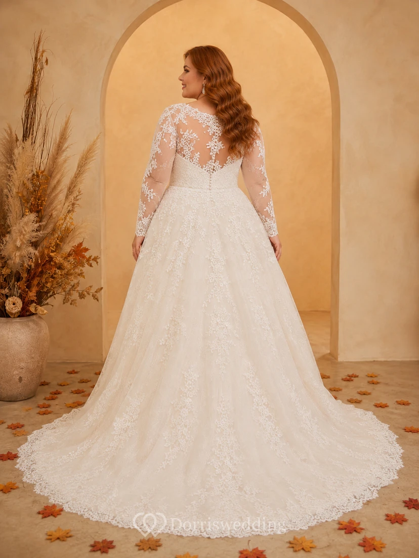 Fall Plus Size Illusion Lace A-Line Wedding Dress view 2