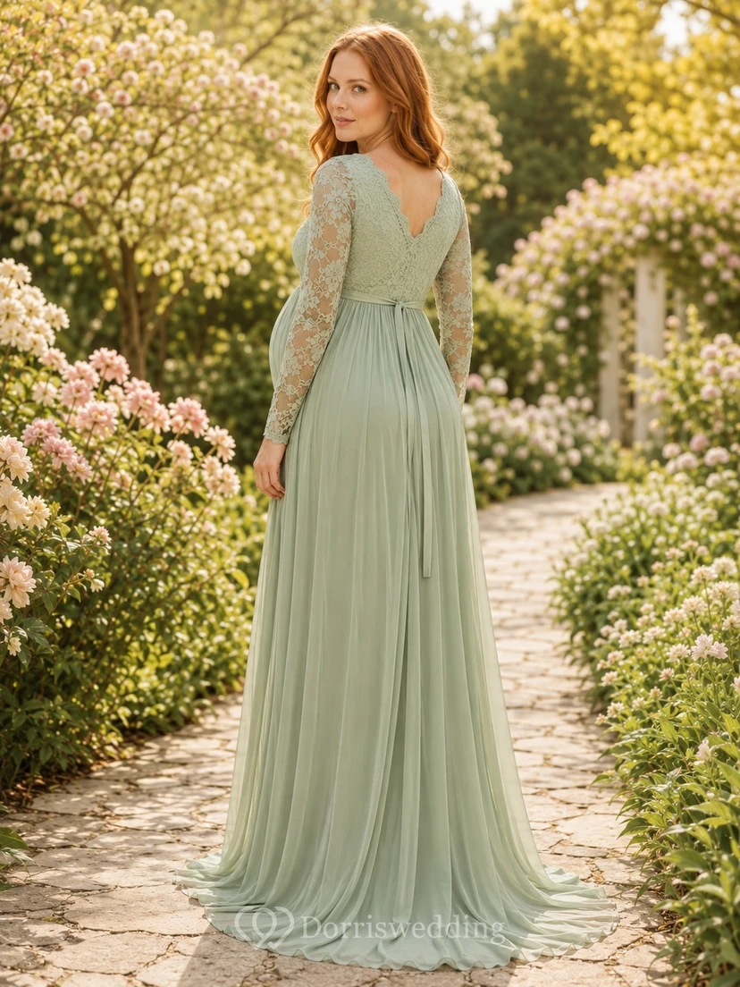 Salbeigrünes Umstandskleid aus Spitze, langärmelig, V-Ausschnitt, Chiffon und Schleppe, Gartenkleid view 2