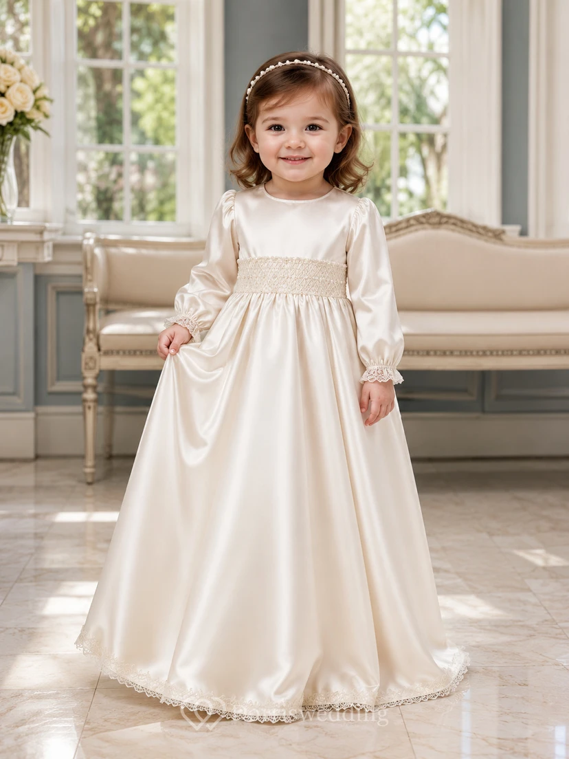 Round Neck Christening Gown A-Line Satin Lace Long Sleeve Sash Back