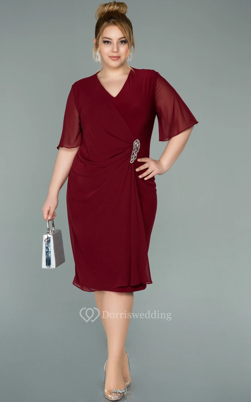 Casual Empire Plus Size Half-sleeve Chiffon Pencil Ruched Plus Size Mother of Bride Dress view 3