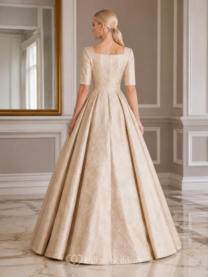 Brocade Champagne Square-Neck Half-Sleeve Floral-Jacquard Taffeta Ball-Gown Floor-Length Vintage Formal Evening Dress view 2