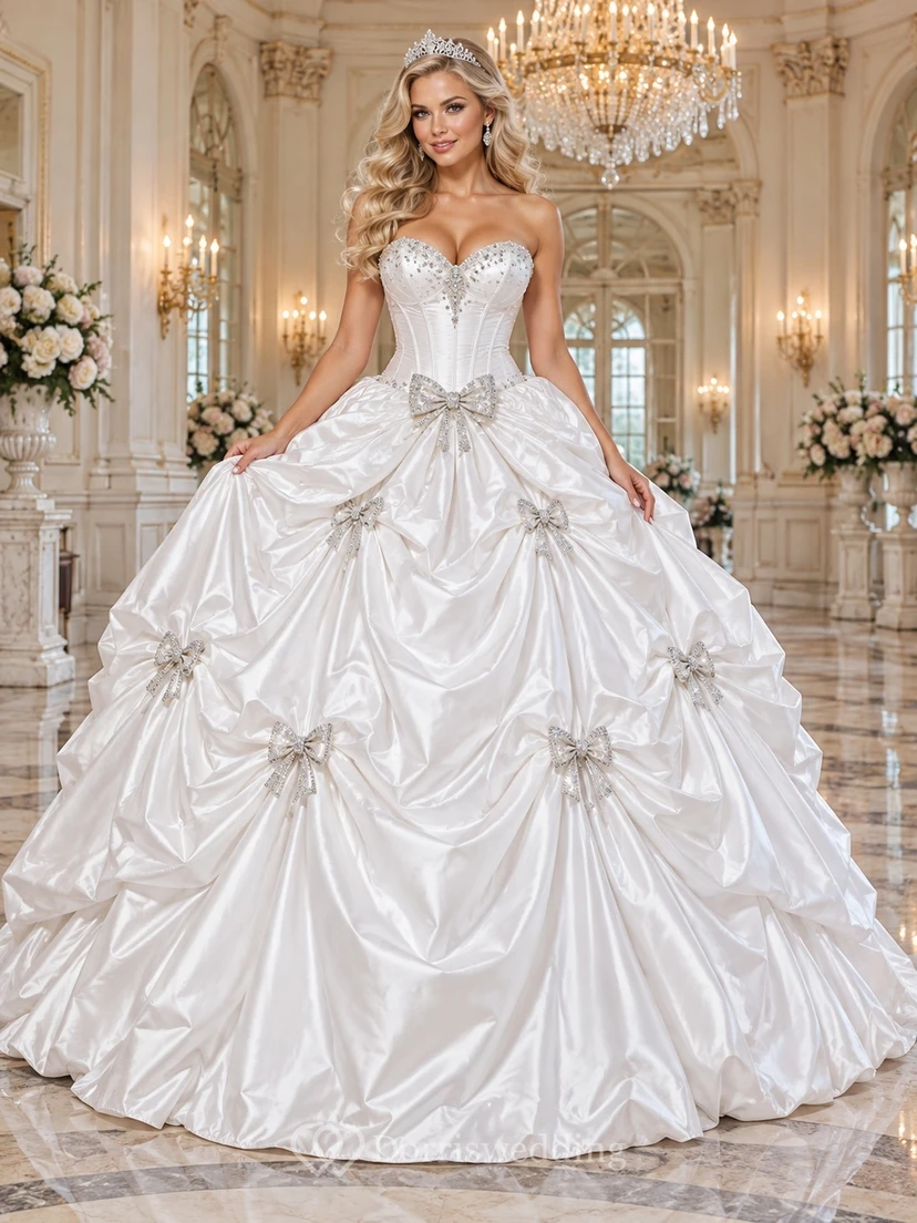 Trägerloses, herzförmiges Brautkleid mit Kristallbesatz, Satinrock mit Raffung und juwelenbesetzter Taillenschleife