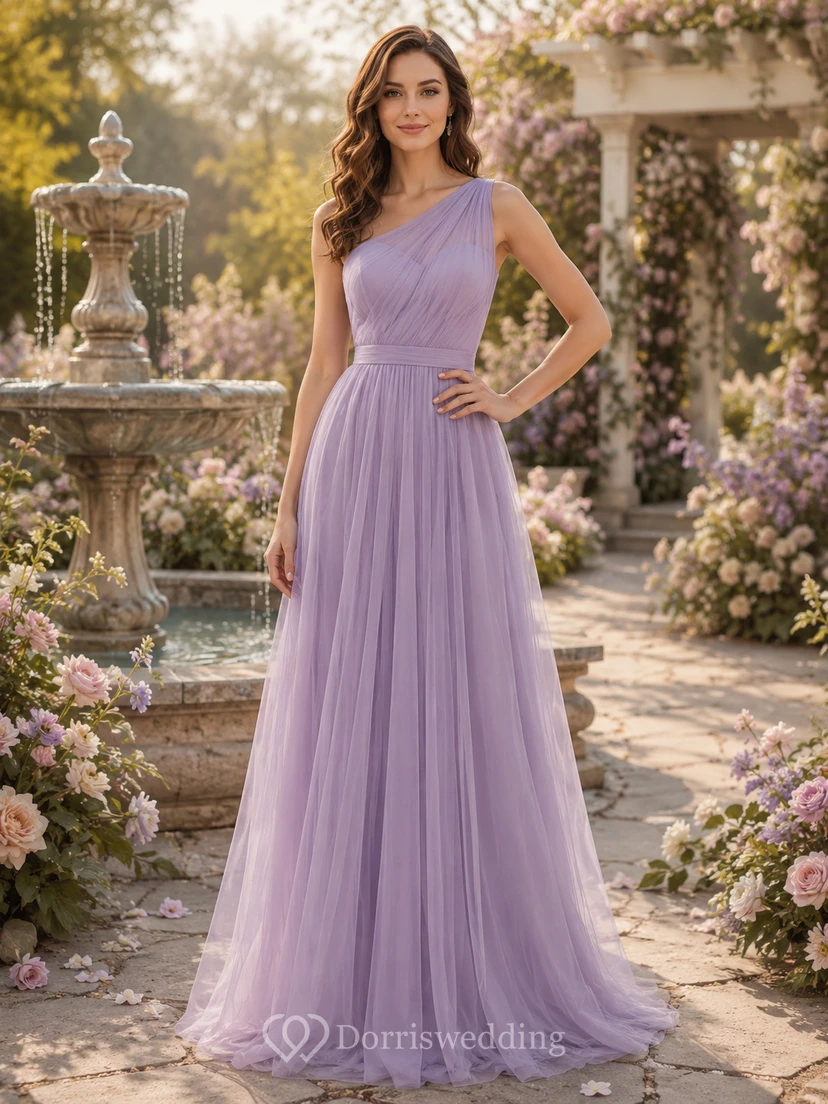 Lavender Garden A-Line Chiffon Tulle Bridesmaid Dress with Sleeveless One-Shoulder Bodice, Pleated Floor-Length Skirt and Low V Back