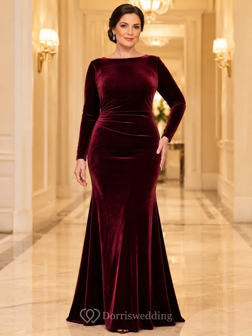 Robe de soirée sirène en velours bordeaux à manches longues et ourlet bateau, grande taille