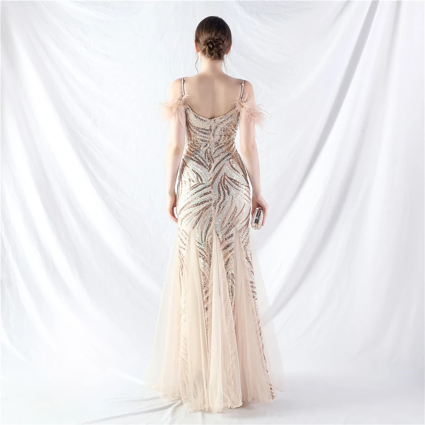 Crafted Ostrich Feather Stacked Sequins Splicing Mesh Gauze High-End Evening Dress Clothes view 56