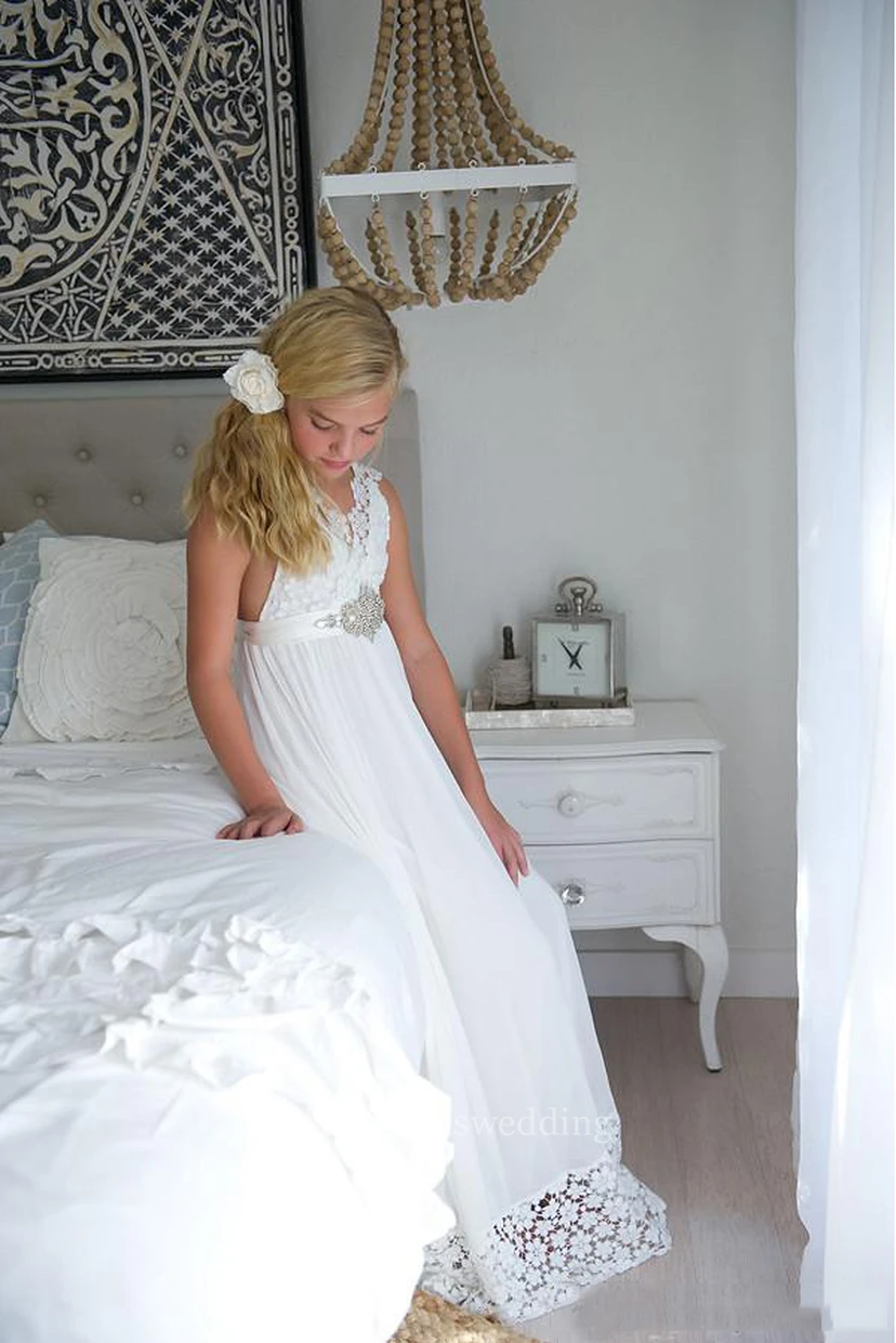 Floor-Length V-neck Boho Ethereal  Sleeveless Empire Petite Dress For Flowergirl view 3
