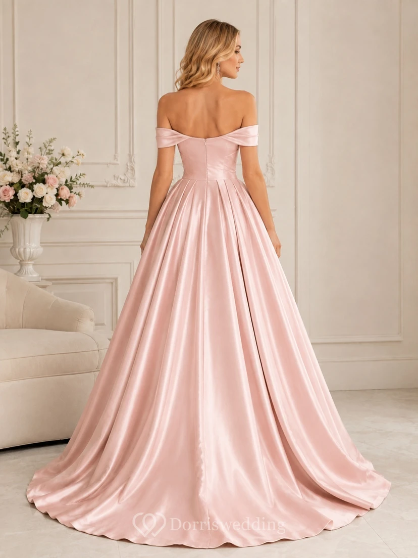 Blushing Pink Satin Off Shoulder Short Sleeve Ball Gown Sweep Train Prom Dress view 2