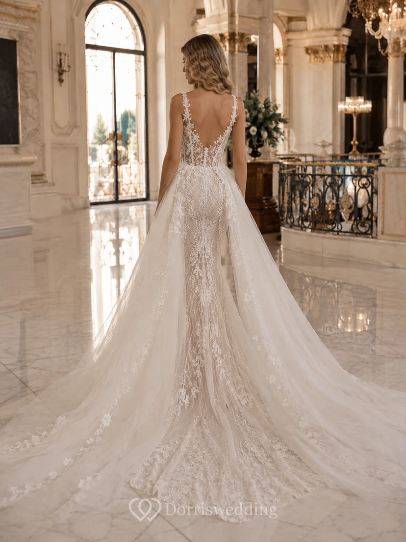 Robe de mariée Pavilion Bridal en tulle et dentelle discrète, décolleté en V profond, sans manches, coupe trapèze, traîne chapelle, surjupe amovible view 2