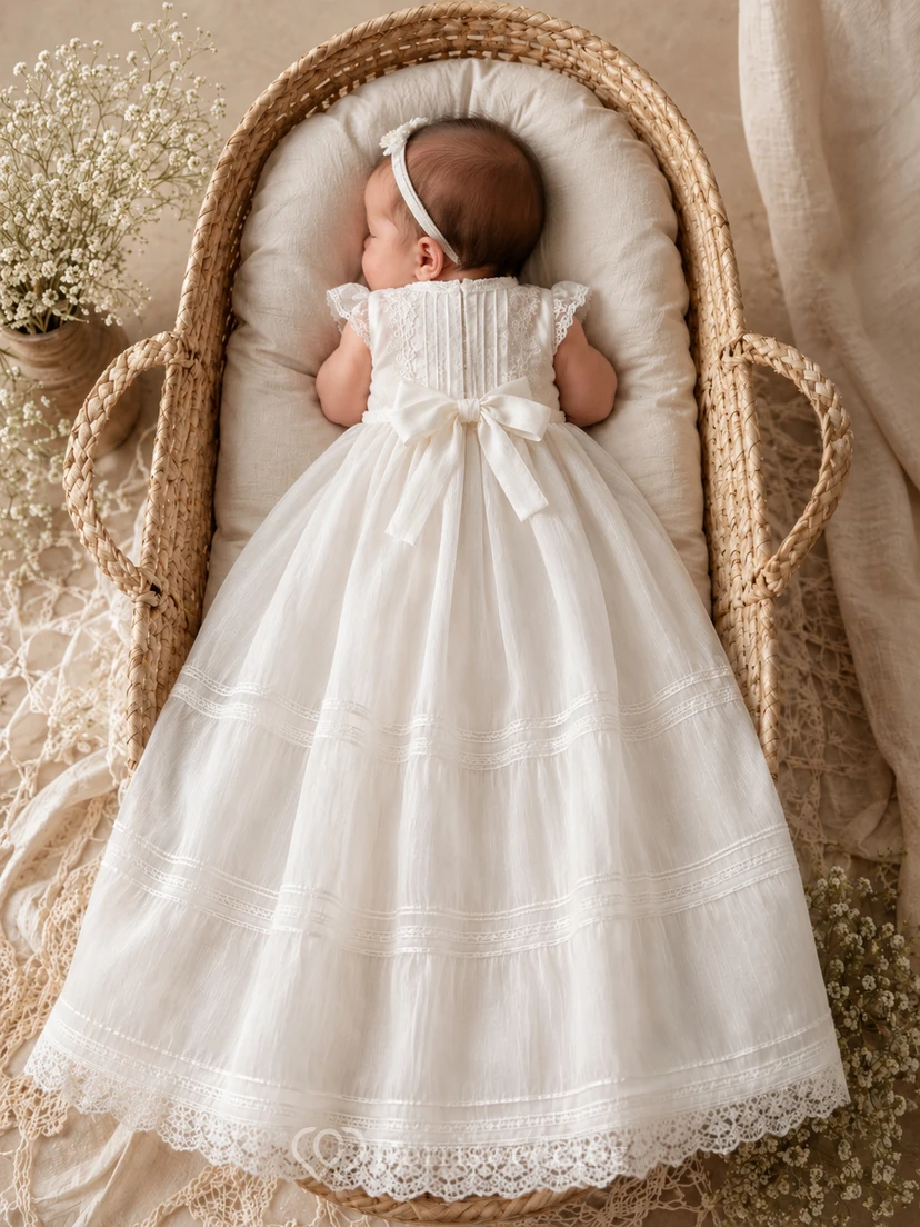 Baby Baptism Christening Ceremony Gown A-Line Floor-Length Jewel Neck Sleeveless Satin Lace Bow Back Button Back view 2