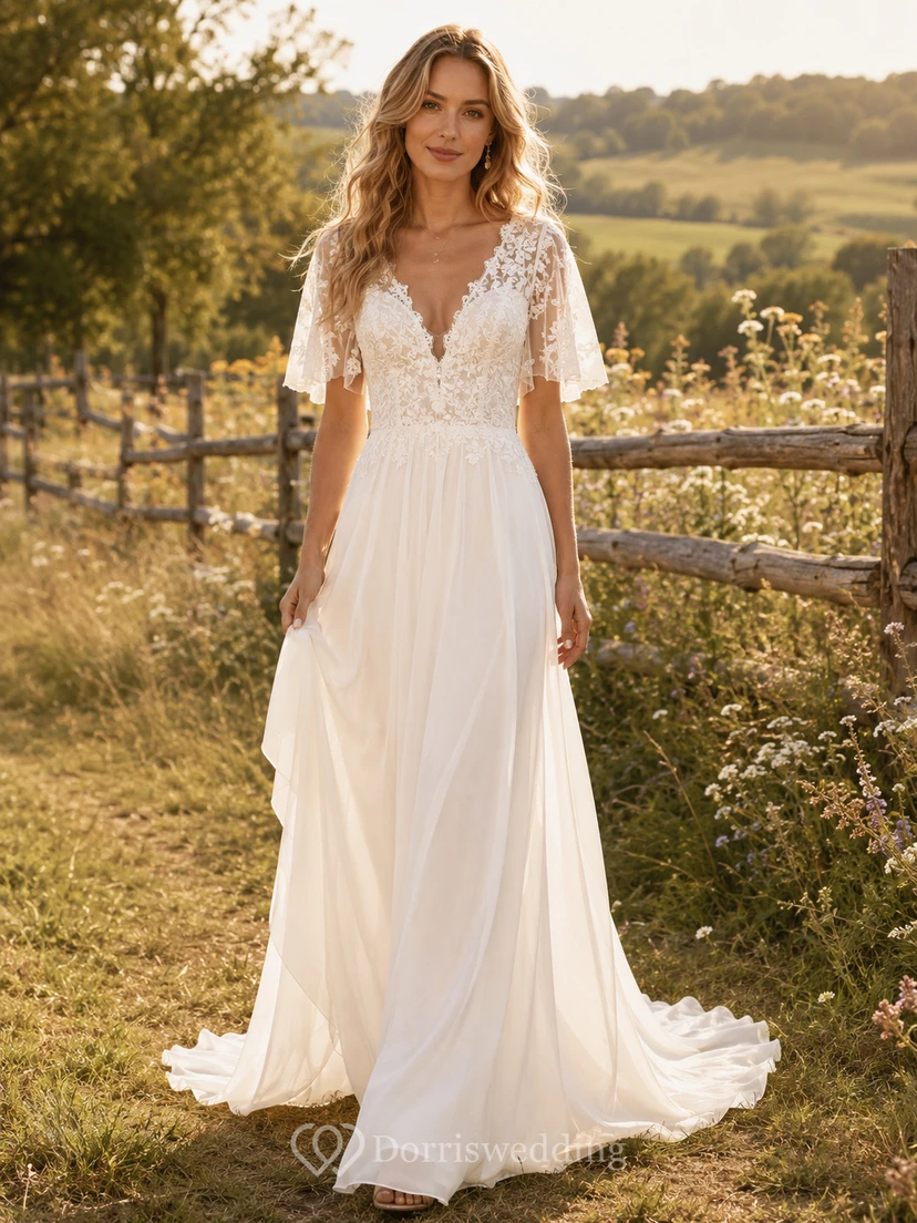 Robe de mariée champêtre en tulle, coupe trapèze, col en V, manches papillon, traîne chapelle, dos nu plongeant.