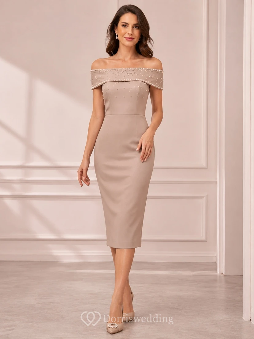 Elegant Taupe Off Shoulder Beaded Sheath Knee Length Cocktail Dress