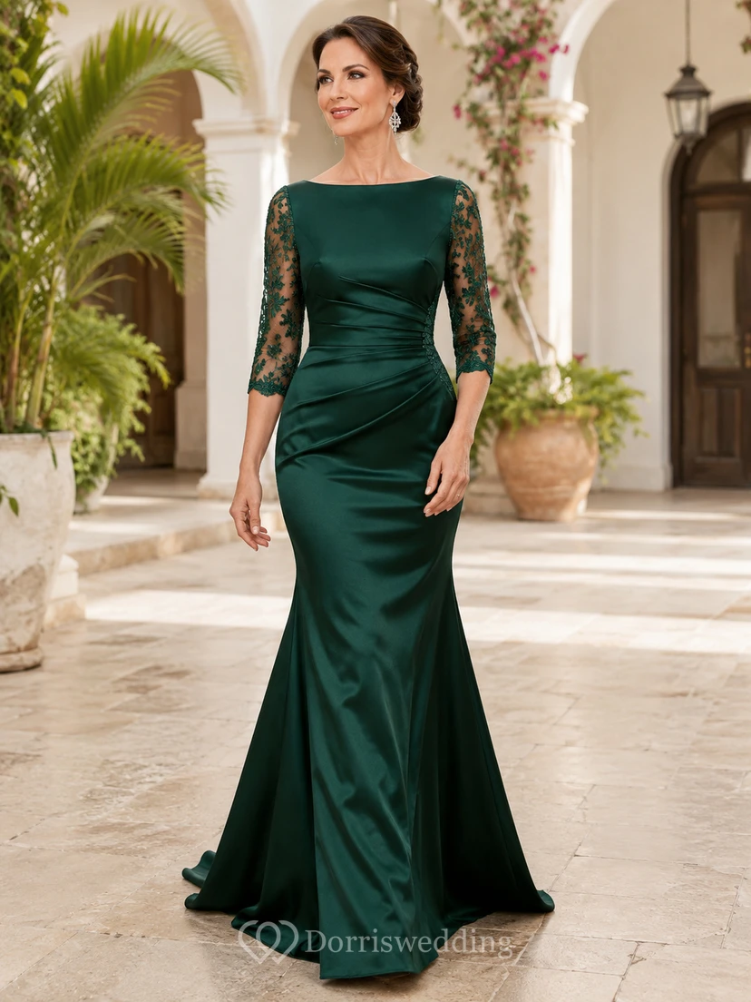 Dark Green Scoop Neck Three Quarter Illusion Lace Sleeve Satin Mermaid Sweep Train Mother Dress