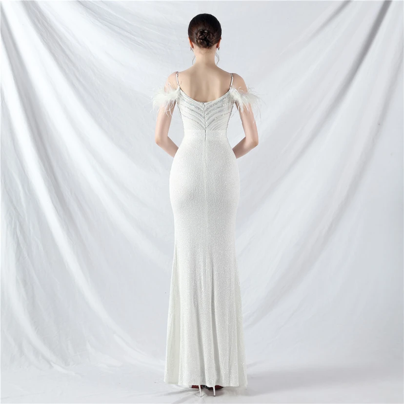 Elegantes Abendkleid mit Straußenfedern und Perlen, sexy, lang, mit Trägern und Schlitz view 6