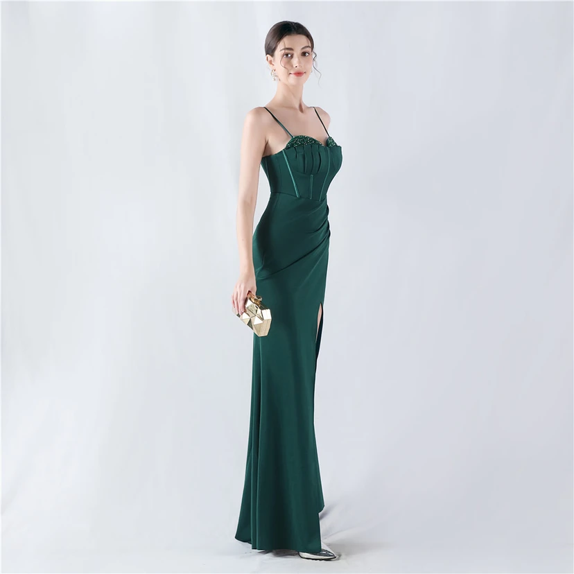 Fishbone Waist Set Crystal Diamond Satin Host Evening Dress view 49