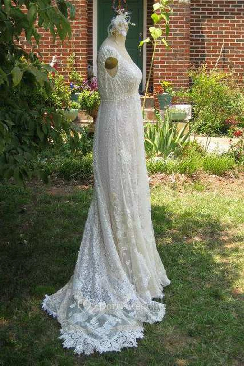 Cap-Sleeve Deep-V-Neck Vintage Lace Boho Wedding Dress With Flower And Sweep Train view 3