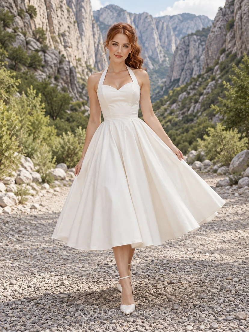 Vestido de novia sencillo de estilo vintage, largo hasta la rodilla, escote halter, escote corazón, sin mangas, de satén plisado y con espalda descubierta.