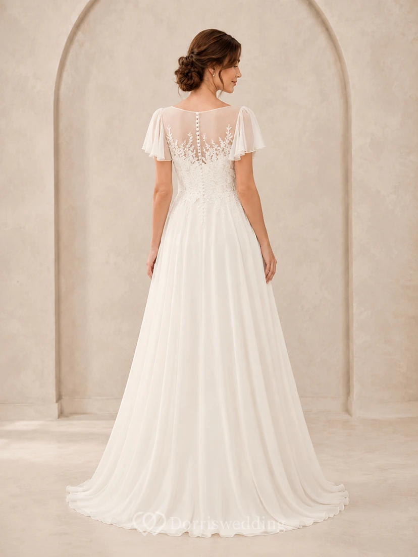 Modest Bateau Flutter Sleeve Lace Bodice A-Line Wedding Dress view 2