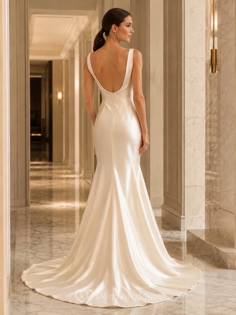 Robe de mariée sirène en satin champagne à col bateau et fronces view 2