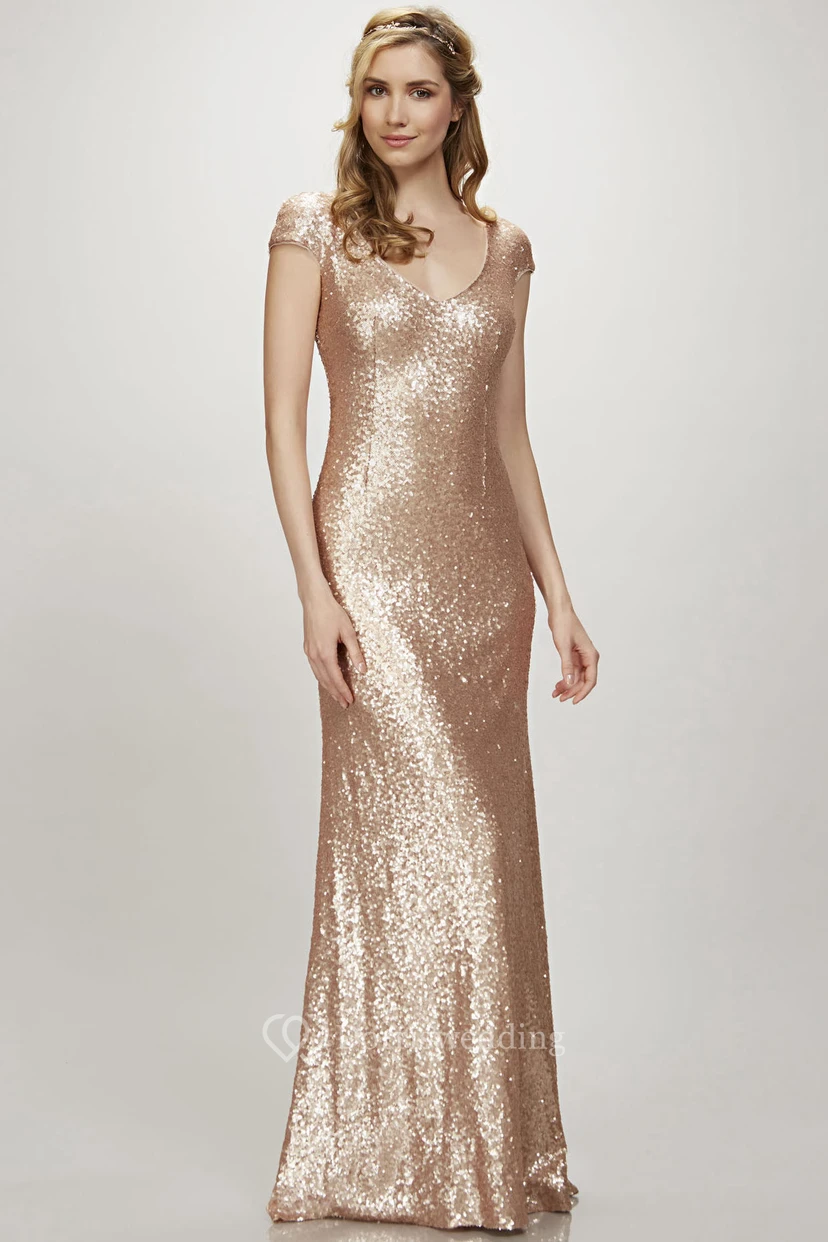 Robe de demoiselle d'honneur maxi à manches courtes et col en V, ornée de sequins