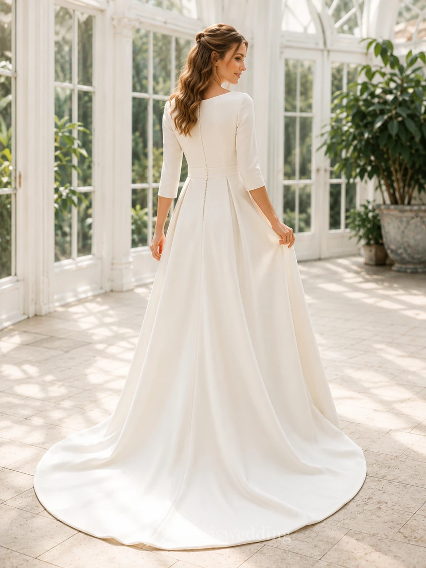 Minimal Bateau Neck Satin Wedding A Line Three Quarter Sleeve Chapel Train view 2