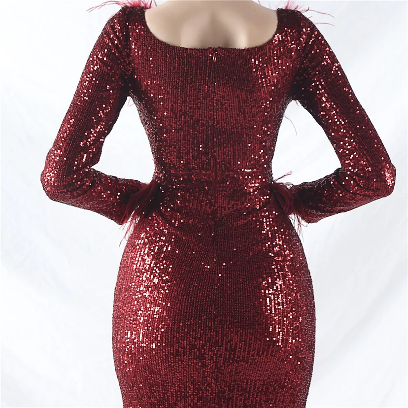 Craft-Made Ostrich Feather Long-Sleeved Beads Evening Dress view 29