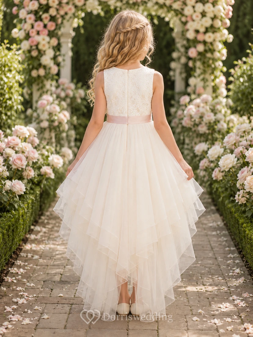 Lace High-Low Tulle Sleeveless A-Line Ruffle Bow Flower Girl Garden Wedding Dress view 2