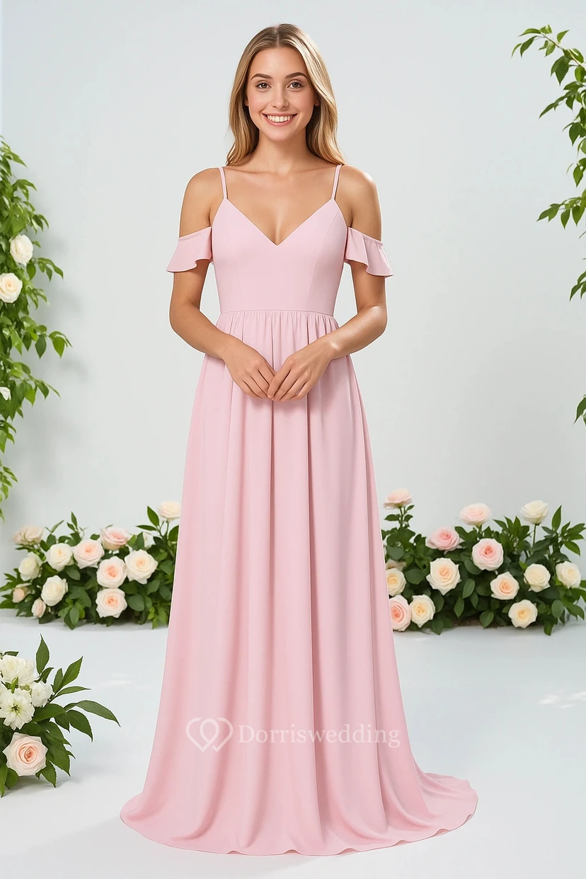 Chiffon Spaghetti Pink Empire Dress with Sweep Train view 3