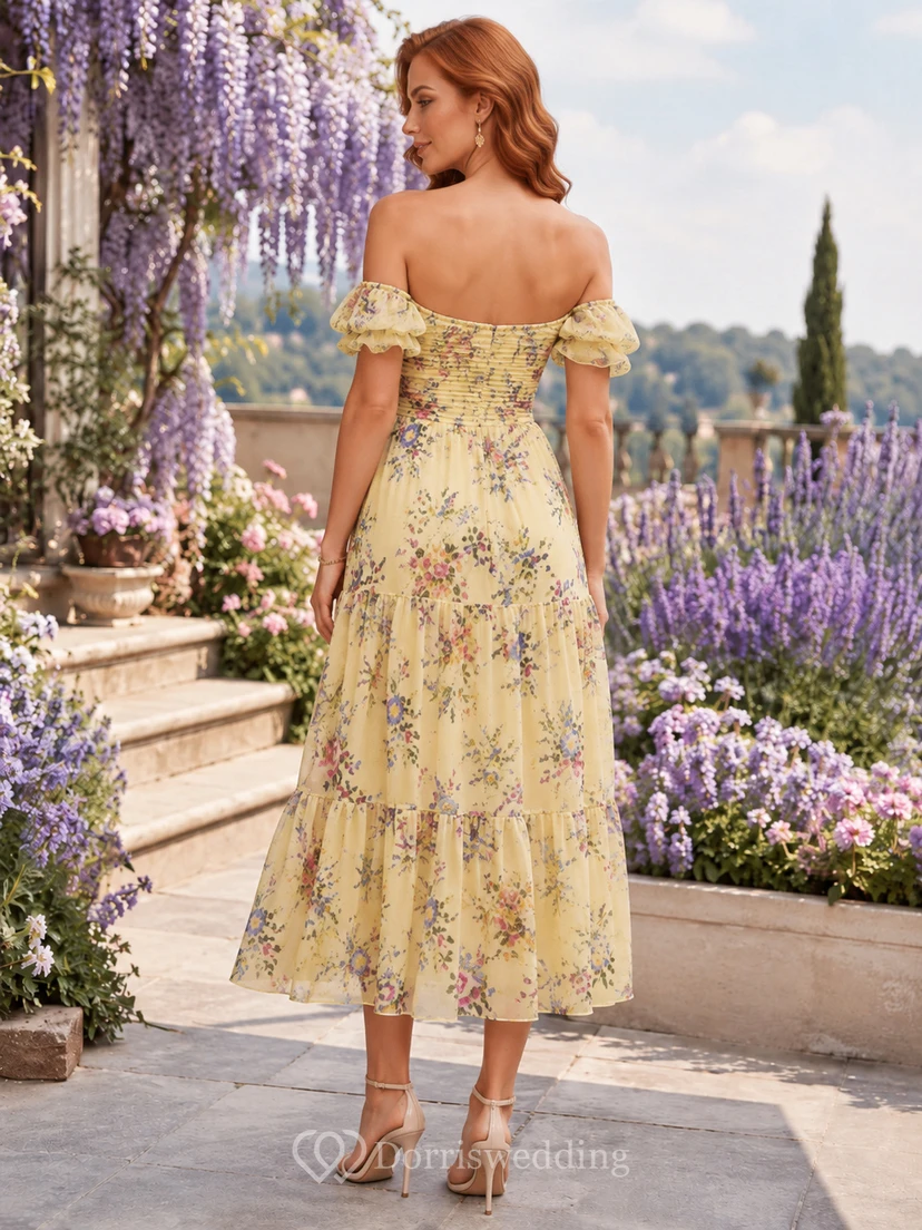 Yellow off shoulder floral flutter sleeve garden midi dress view 2